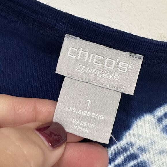 Chicos Zenergy Tie Dye Shirt Top 1 Size 8/10 3/4 Sleeve Blue V Neck Casual Tunic - Picture 5 of 9